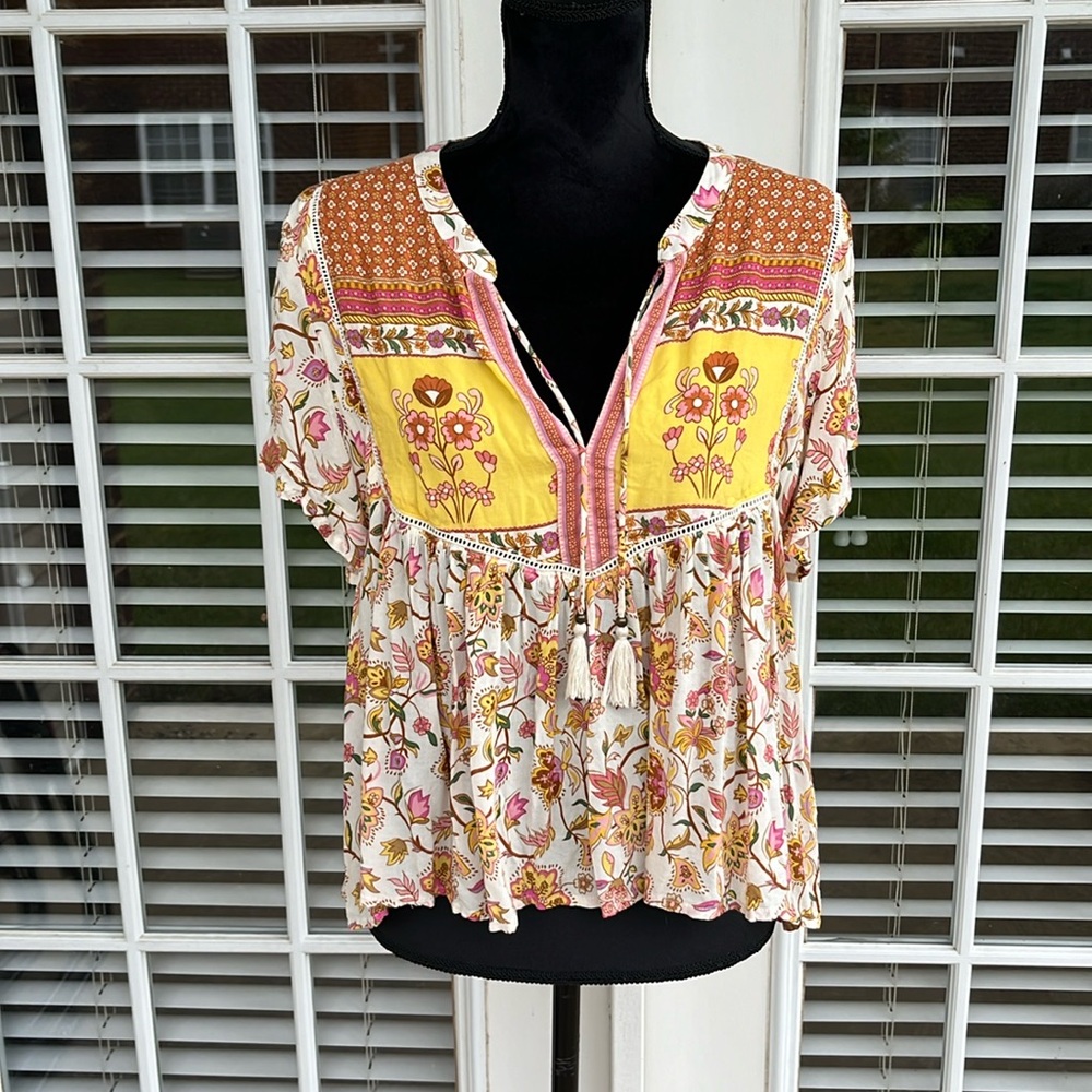 Spell Floral Peasant Blouse in Yellow, Pink, Brown